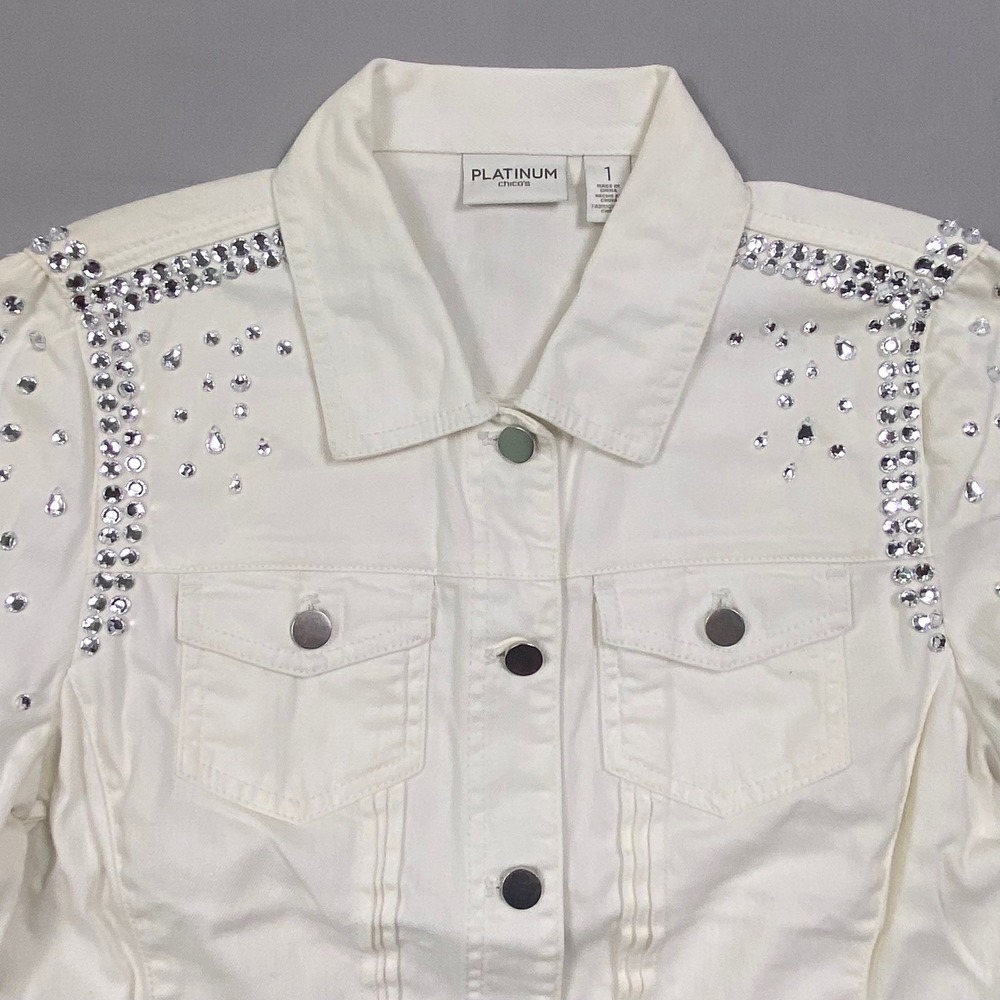 Chico's Platinum White Rhinestone Embellished Denim Jacket Size 1 Cotton Stretch